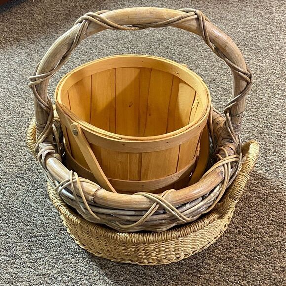 Set 3 Wooden Bamboo Basket With
 Handle - Picture 2 of 16